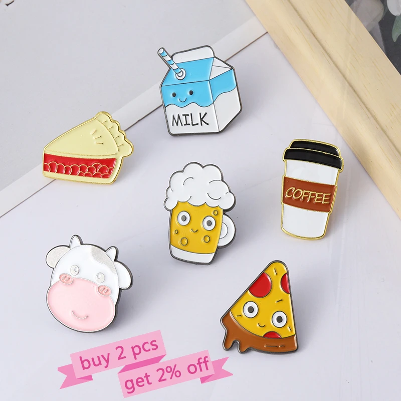 Coffee Cows Pin Lapel Badge Bag Cartoon Jewelry Gift for Kids Friends Daily Foods Enamel  Brooch Custom Pizza Milk Beer