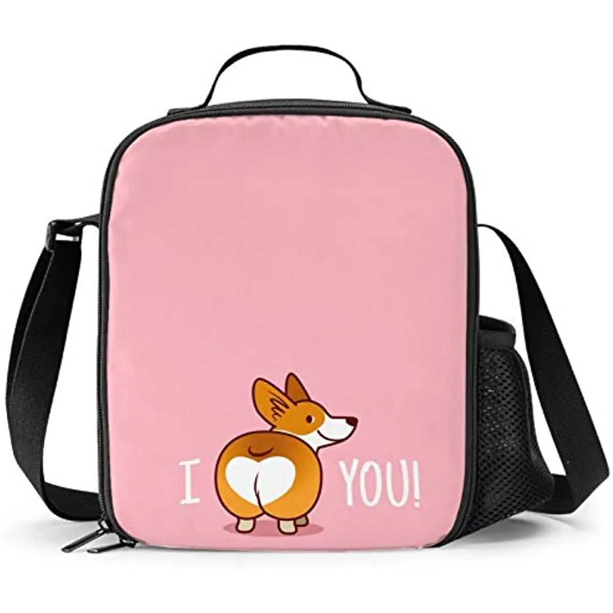 Corgi Lunch Box Insulated Lunch Box for Kids Funny I LOVE YOU Design with Side Pocket Shoulder Strap Lunch Bag for School Work