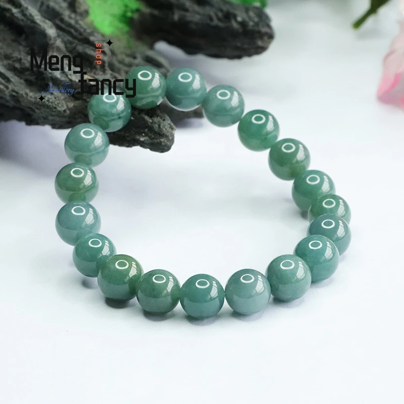 Natural Jadeite Bracelet Old Blue Water Round Bead Jade Bracelet Exquisite Elegant Simple High-grade Luxury Quality Fine Jewelry