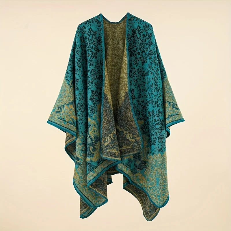 Imitation Cashmere Shawl Print Warm Long Shawl Casual Blanket Open Front Poncho Cape Oversized Cardigan Wrap