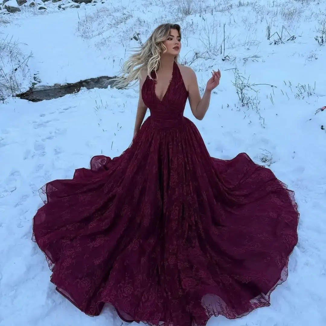 Neues romantisches Rüschen-Neckholder-Kleid mit V-Ausschnitt, Spitze, verziertem Tüll, hohem Schlitz, drapierte Stickerei, A-Linie, Abendkleid, Abschlussball, formelles Partykleid