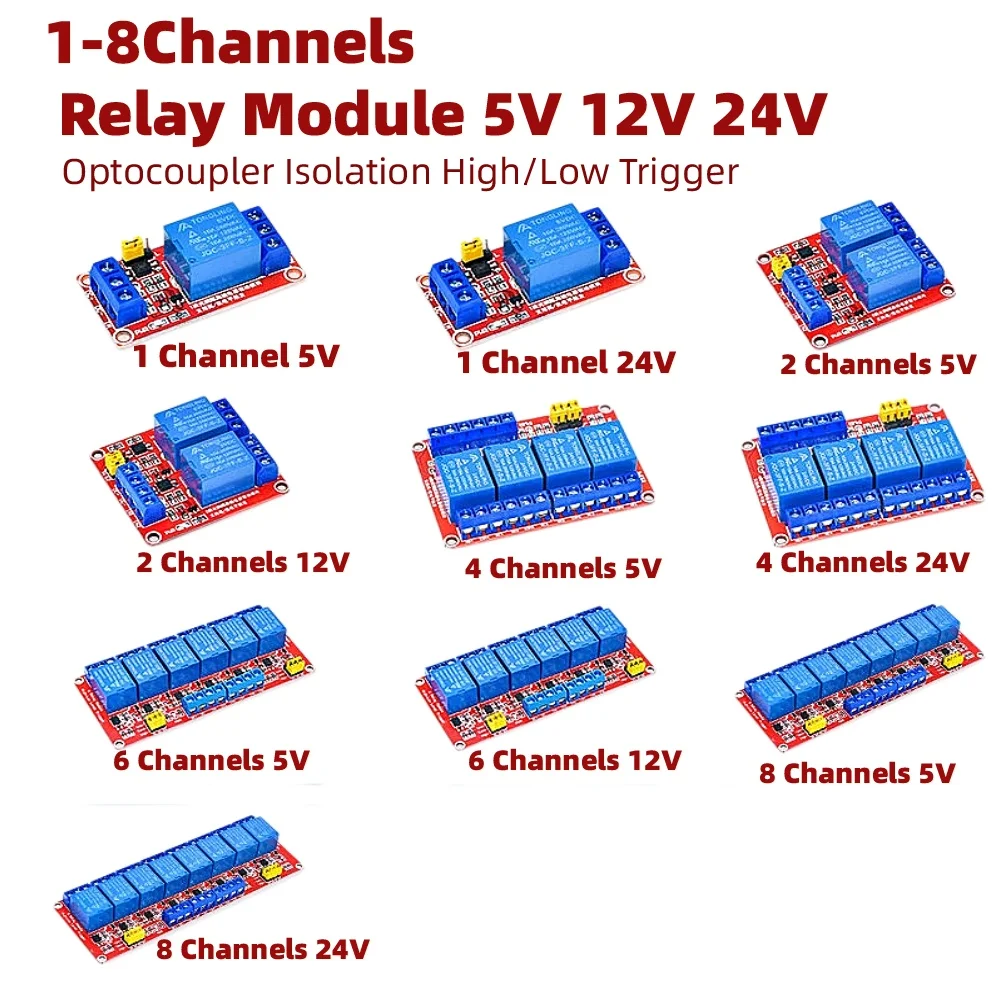 1-10pcs 1/2/4/6/8 Channel Relay Module DC 5V 12V 24V, Optocoupler Isolation, High Low Level Trigger, Relay Board for Arduino