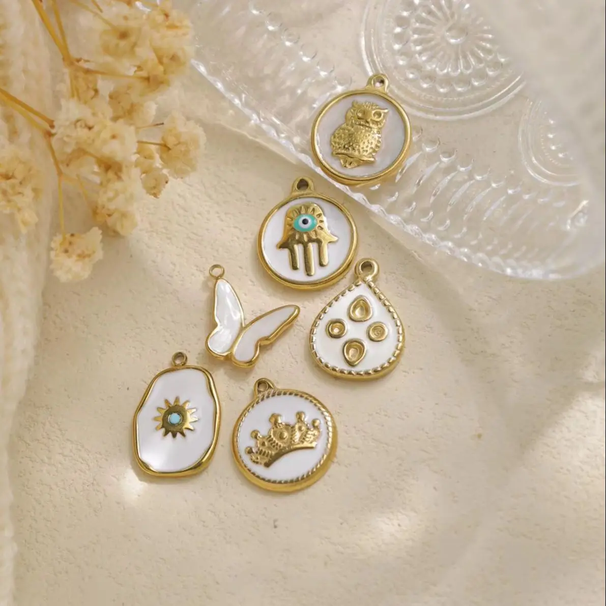 3-Piece Set of Stainless Steel White Enamel Pendants—Owl with Butterfly-Wing Eyes and Round Designs, Suitable for DIY Jewelry