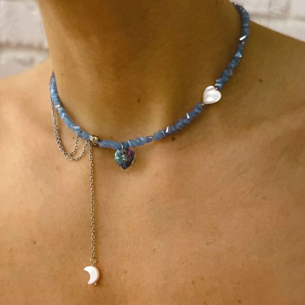 Fashion Vacation Sexy Blue Color Heart Pendant Necklace For Women Boho Geometric Crystal Choker Valentine's Gift N0522
