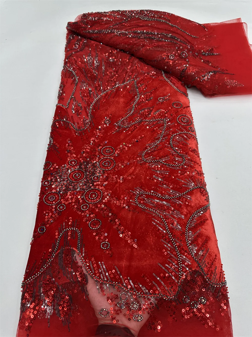 

2026 Luxury African Lace Fabric 5 Yards Velvet Lace Beaded Tulle Lace Fabric Embroidered Nigerian Fabric for Wedding Dress Sew