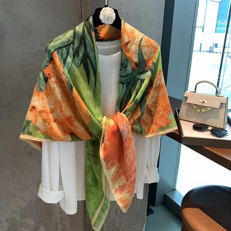 Women's Monet Print Yellow Green Square Scarf, Multi-Functional Sun Shawl Head Wrap, Artistic Beach Cover Up Pashmina