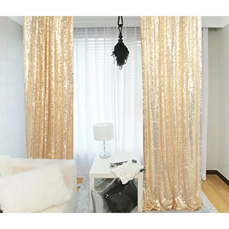 

Sequin Curtains 2 Panels 4x10ft Light Gold Shimmer Fabric Window Wall Curtains Drapes Wedding Backdrop Gold Fabric Liner Glitte