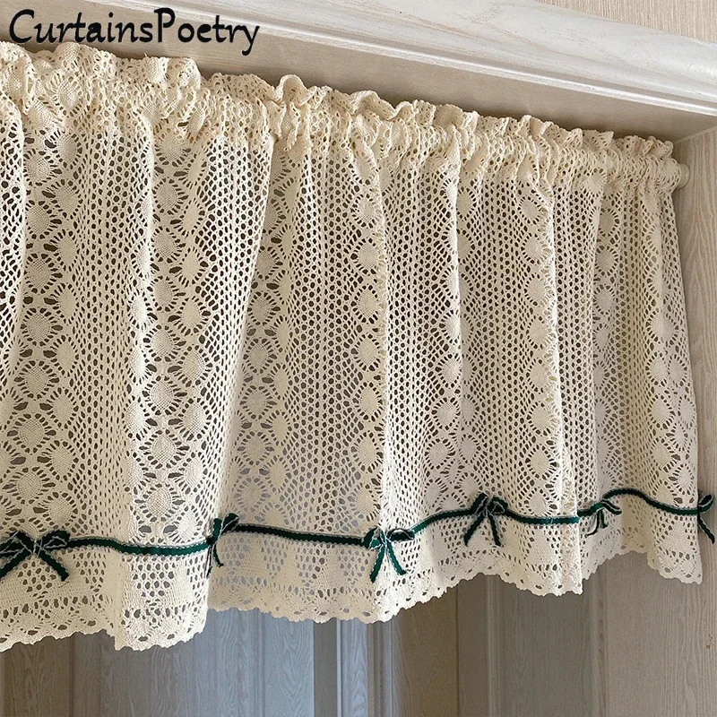 

Crochet Short Lace Curtains, Rod Pocket Sheer Half Window Valance, French Country Cabinet Curtain for Cafe Kitchen Home Decor