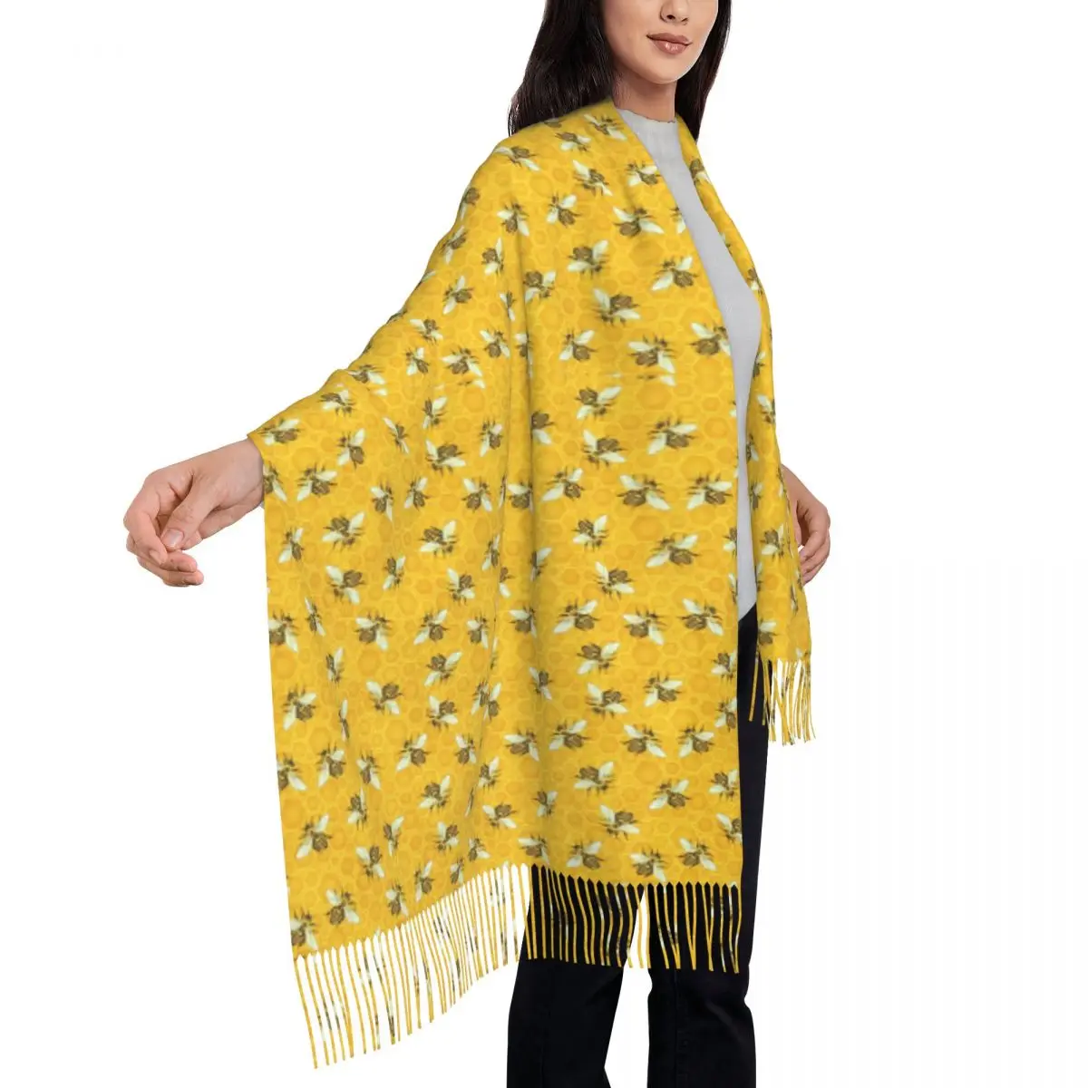 

Ladies Scarf Warm Honey Bees Scarves Wraps with Long Tassel Cute Honeycomb Luxury 2024 Shawls and Wraps Autumn Graphic Foulard