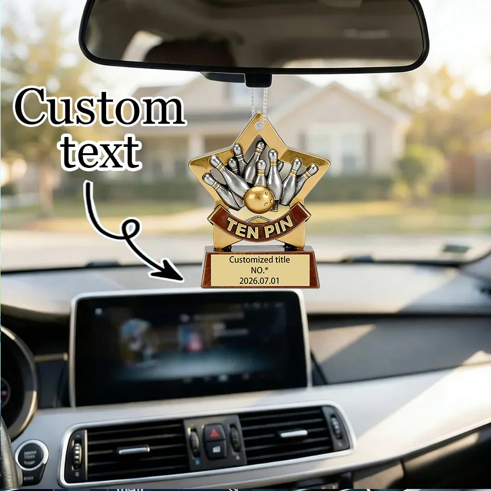 Custom Trophy Shaped Acrylic Bag Charms With Five-Pointed Star Frame Custom Print Text/Name/Date  Trophy Shape Car Hanging