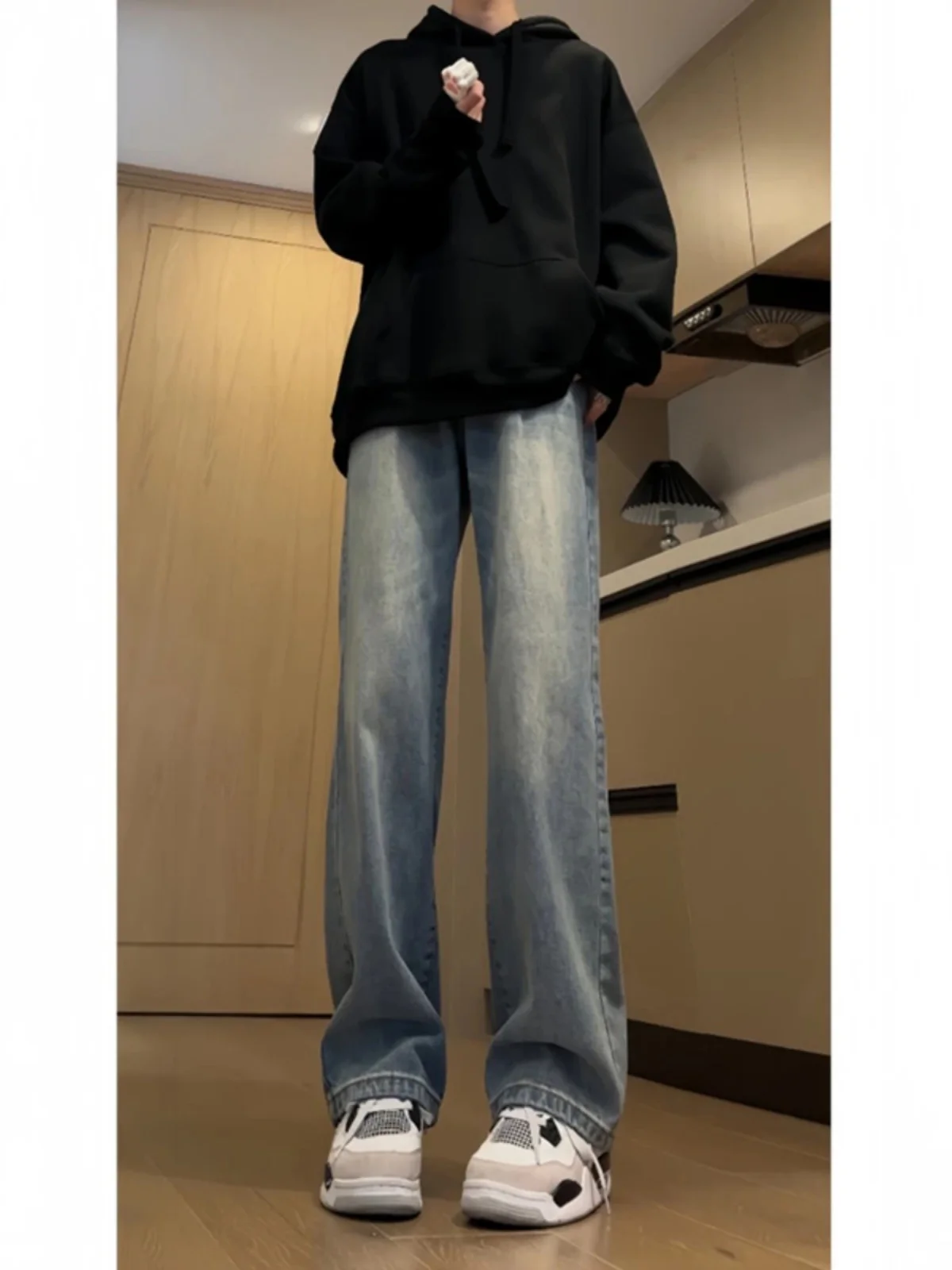 

Light Blue Straight Leg Vintage Waed Jeans for Men Summer Slimming Tall Effect Micro Flared Long Trousers Casual Denim