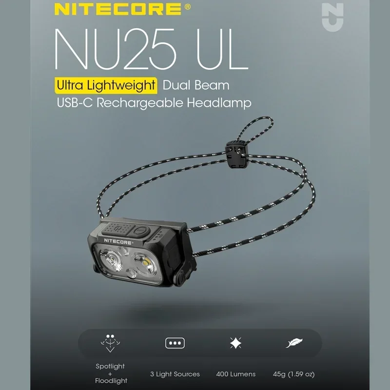 Original NITECORE NU25  Dual beam USB-C rechargeable Headlamp 400Lumens Built-in 650mAh Battery Spotlight +Floodlight