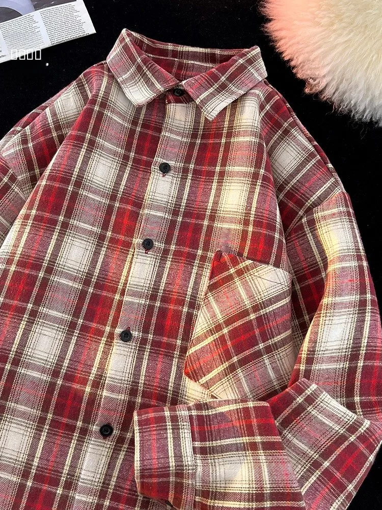 

Rampo Original Spring 2026 Plaid Long Sve Loose Fit Collared irt ex Casual Faion Polyester Cotton Blend Button up