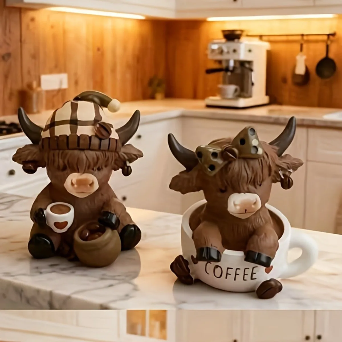 

New Highland Cow Statue, Coffee Cow & Gnome Scottish Resin Calf Figurine, Exquisite Gift for Cow Lovers