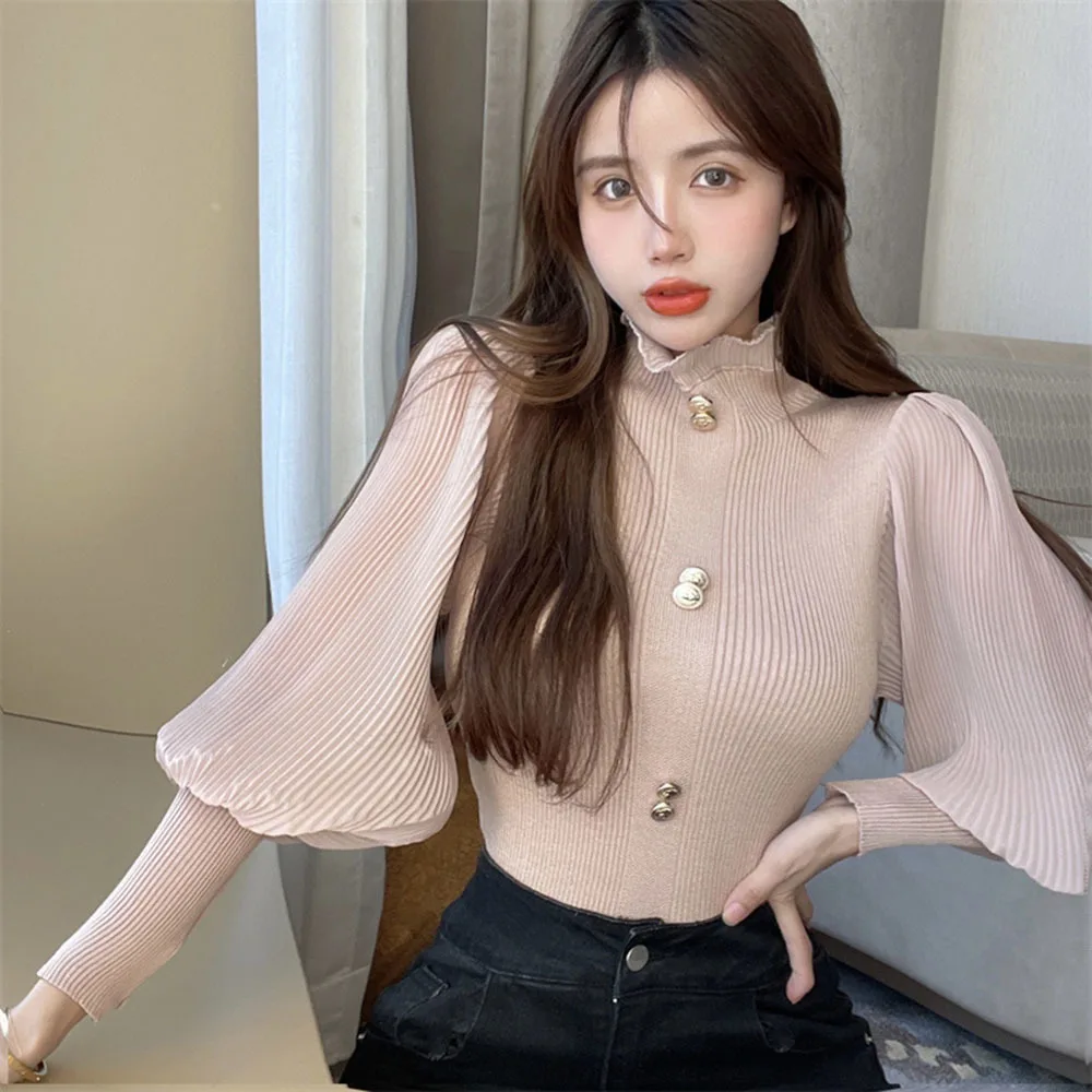 Patched Full Chiffon Lantern Sleeve Knitted Sweaters Jumpers Crop Tops Girls Turtleneck Solid Buttons Sweater Pullovers Women