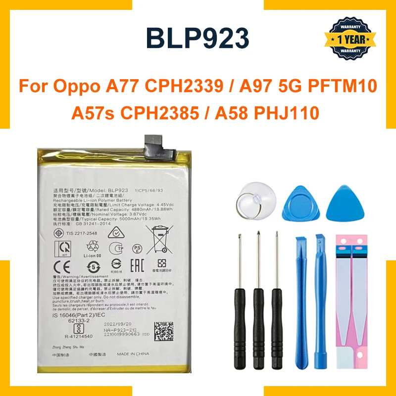 New 5000mAh BLP923 Phone Battery For Oppo A77 CPH2339 / A97 5G PFTM10 / A57s CPH2385 / A58 PHJ110 Replacement Batteries