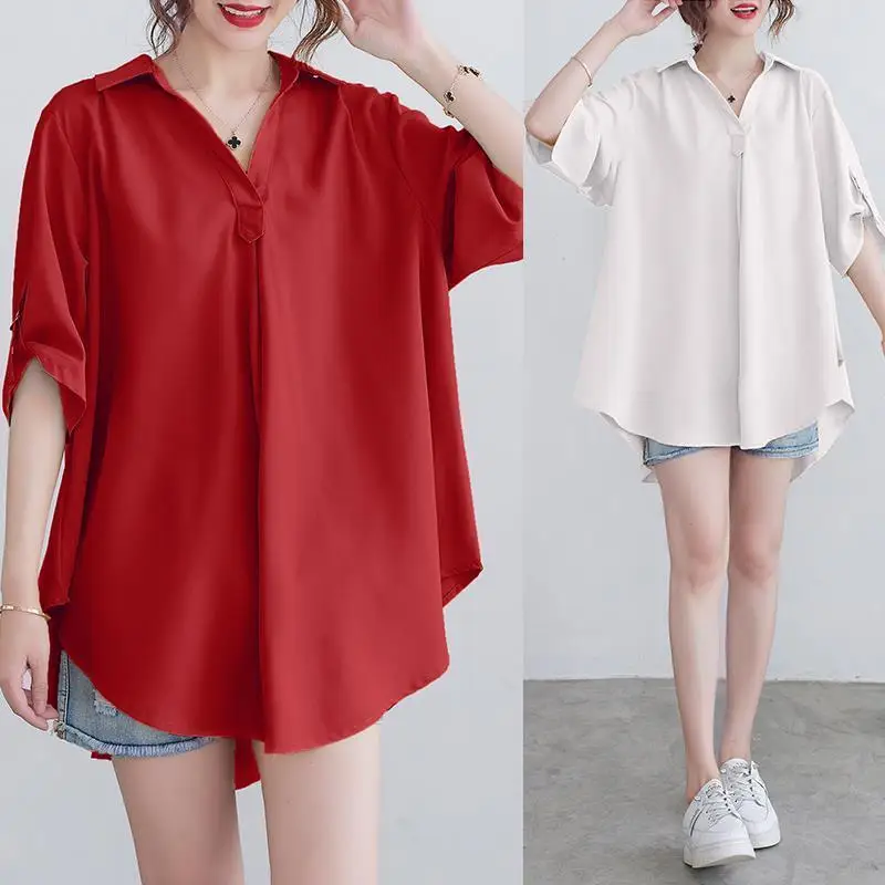 Korean summer solid color women\'s Turn down Collar Asymmetric temperament casual short sleeve loose mid length Chiffon shirt top