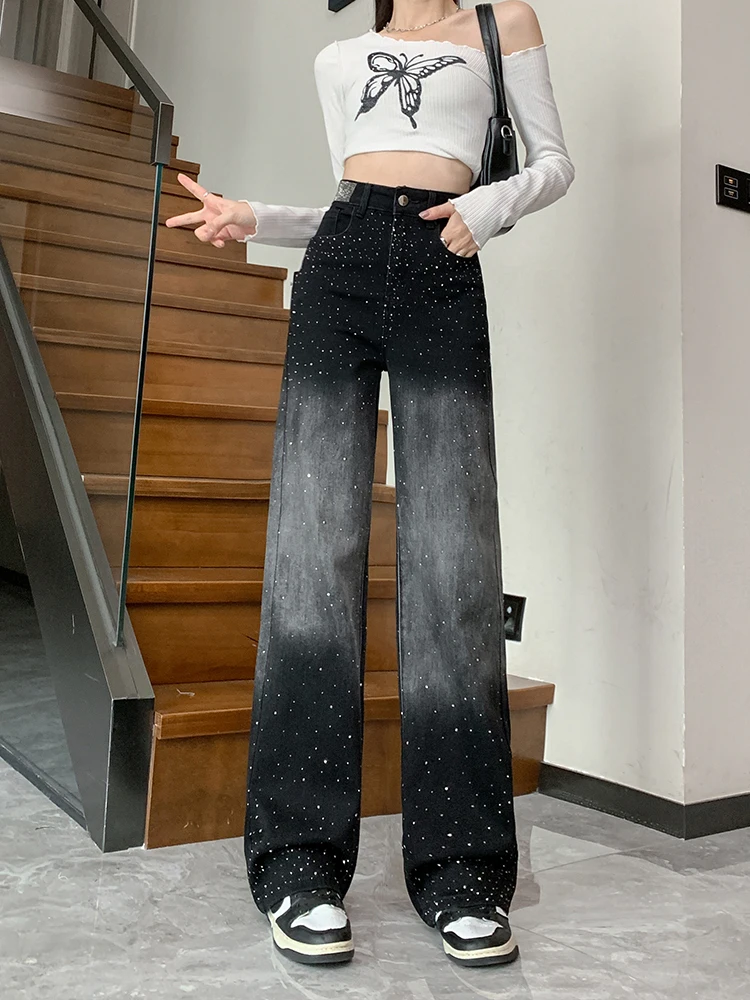 

Джинсы прямого кроя с высокой талией и широкими штанинами, женские летние новые свободные дизайнерские брюки с блестками и блестками, обычный цвет