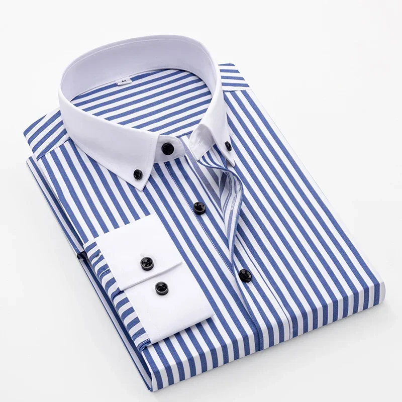 60S Cotton Men's Long Sleeved Shirt with Slim Fit and Patchwork Collar Red Stripes Business Fashion High-end Feel Men's Shirt