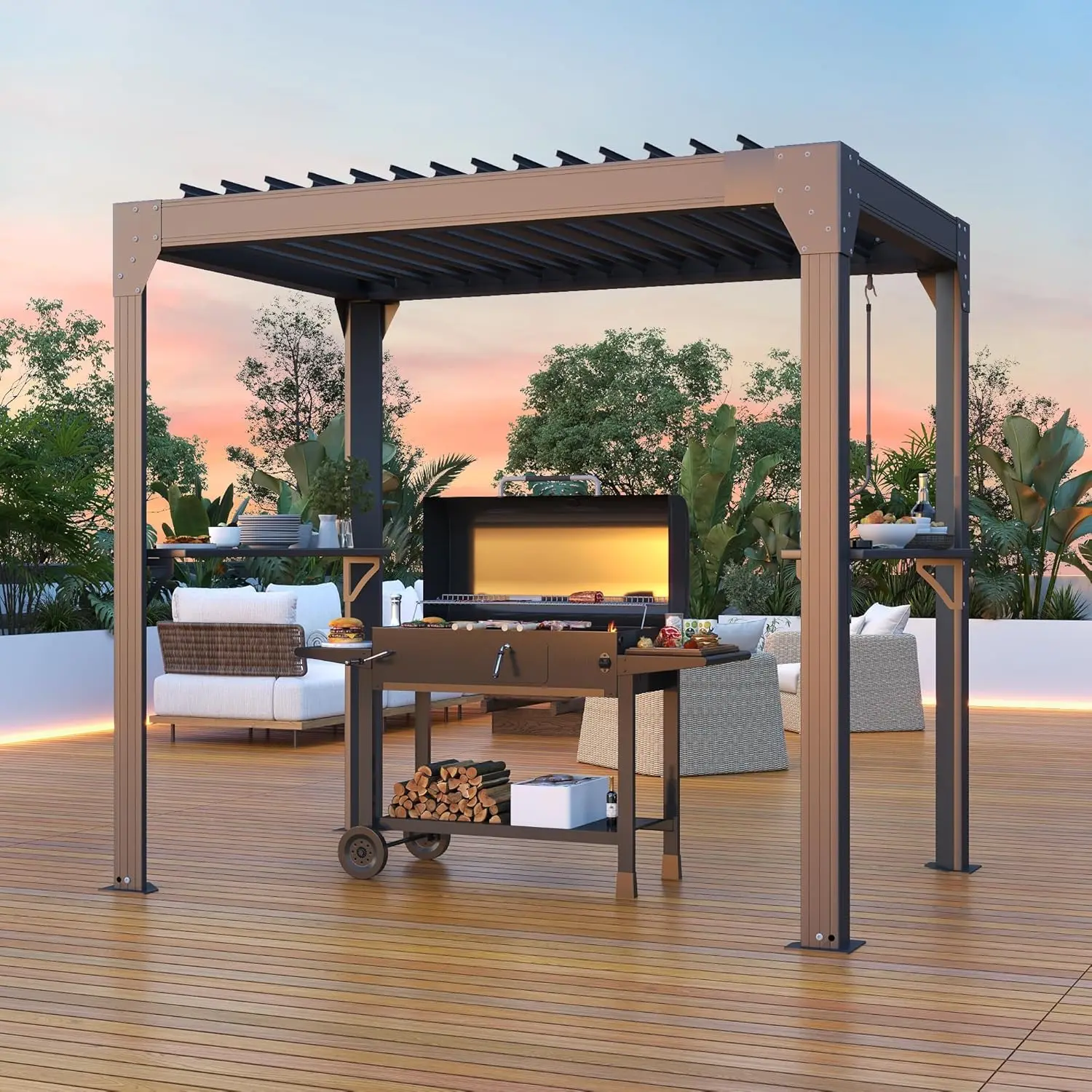 8x5 FT Grill Pergola Adjustable Louvered Roof w/ 2 Shelves | Aluminum Frame. Crank-Adjustable Roof, 100K+ Turns., Custom