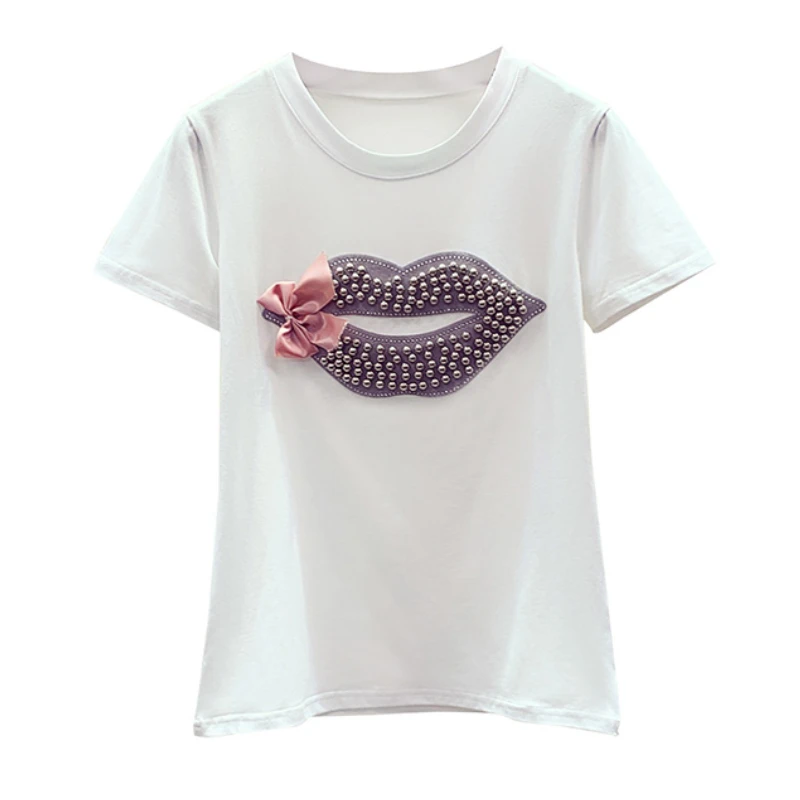 Tshirt Women Beaded Lip Bow-tie Tee Round Collar Loose Girl Lady New Shirt Tops Summer 2023