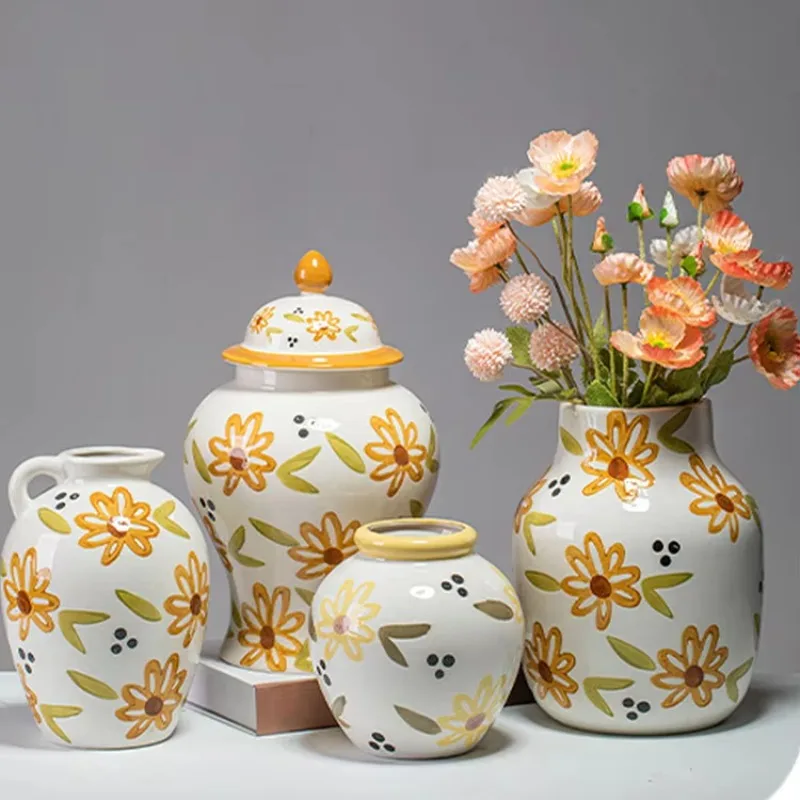 

Ceramic vintage vase, flowerpot greenery, daisy pattern, home decoration