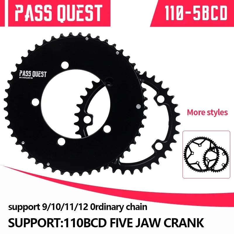 Pass Quest 110bcd 5 Bolt Chainring for Shimano SRAM Crank Double Chainring 46/33T 48/35T 50/34T 52/36T 53/39T 54/40T