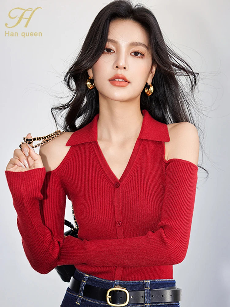 H Han Queen 2024 Spring Youthful Woman Clothes V-Neck Sexy Off The Shoulder Women\'s Sweater Fashion Red Vintage Knitted Cardigan