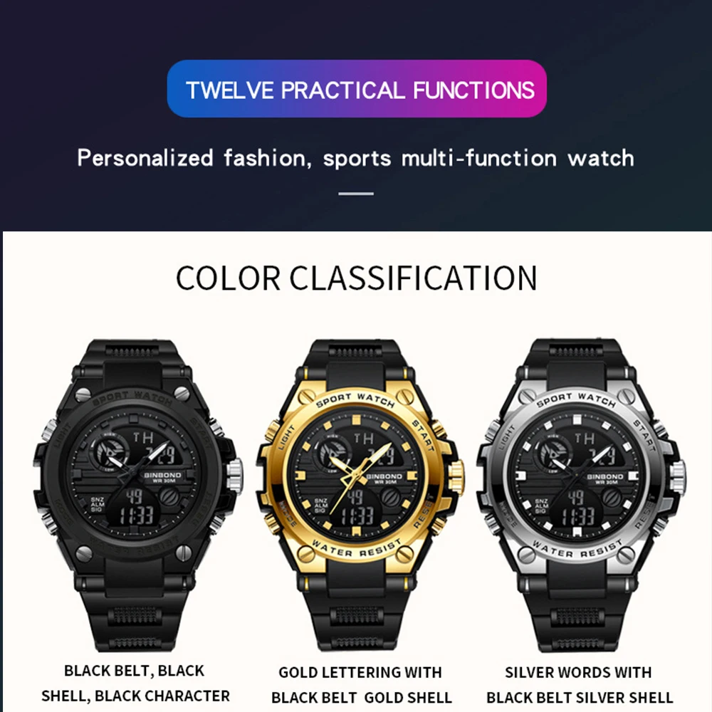 BINBOND Men\'s Watch Waterproof  Sport Digital Wristwatch for Man Date Week Alarm Luminous Multifunctional Big dial Watch Fashion