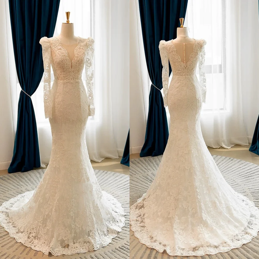 

Customized Lace Button V-neck Mermaid Floor-length Bespoke Occasion Formal Dress Woman Elegant Party Wedding Gorgeous