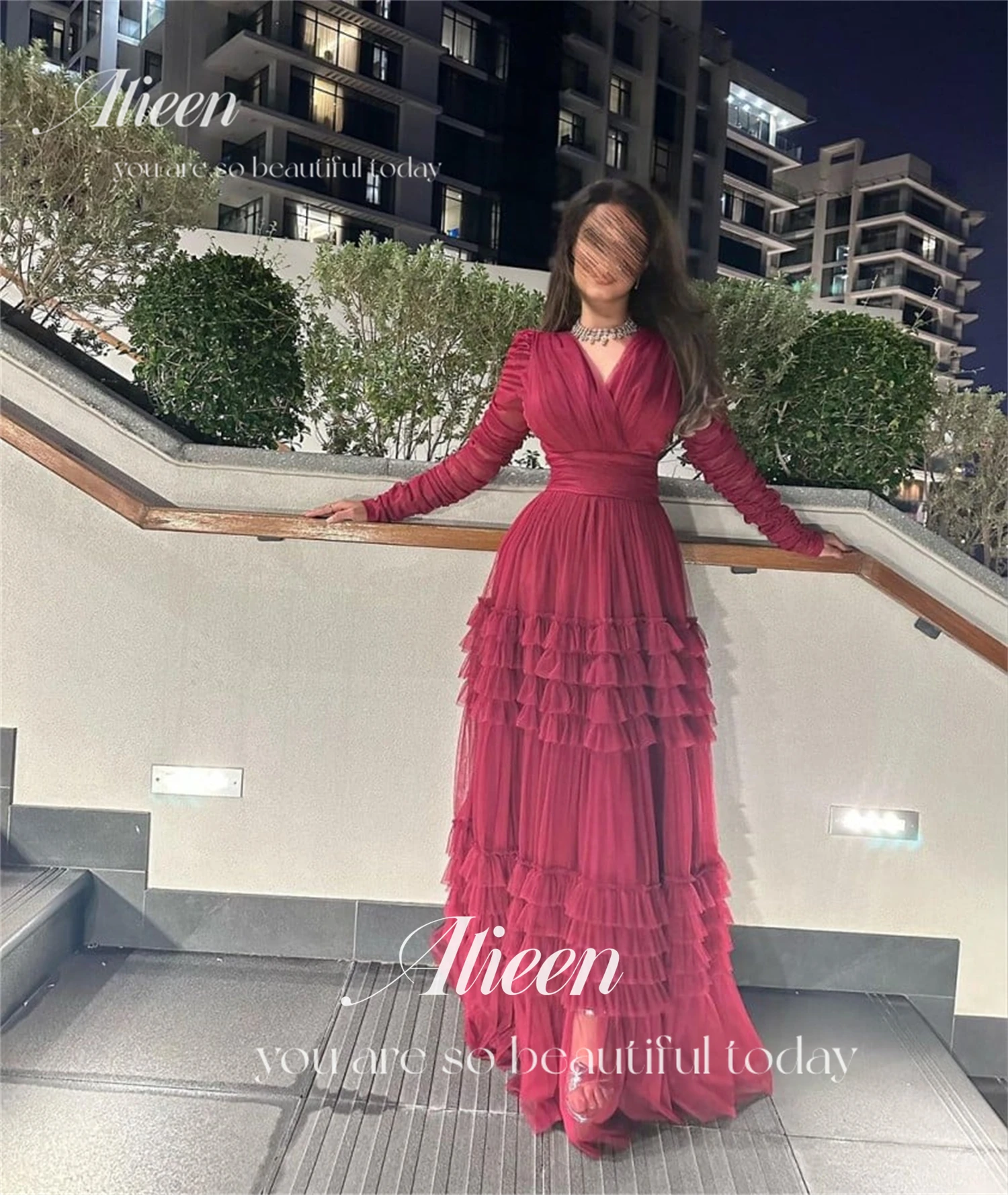 Eid Al-fitr Ball Gown Party Dress Mesh Rose Red Fluffy Formal Midi Dresses Elegant Women customized Luxury Weddings Gala Woman