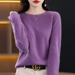 Suéter de cachemira de lana para mujer, ropa de primera línea con cuello redondo, Jersey de punto suelto y cálido de manga larga, Top básico de Color sólido, primavera y otoño