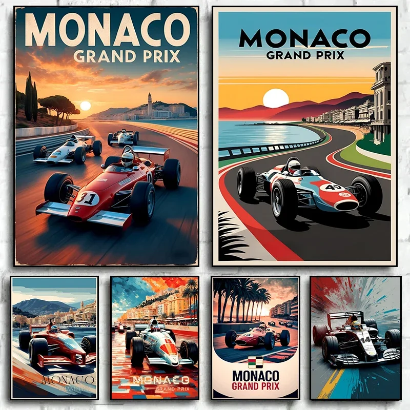 Vintage Abstract Inspired Monaco Grand Prix Posters Retro Art Canvas Painting Classic Motorsports Sceneswall Wall Art Pictures