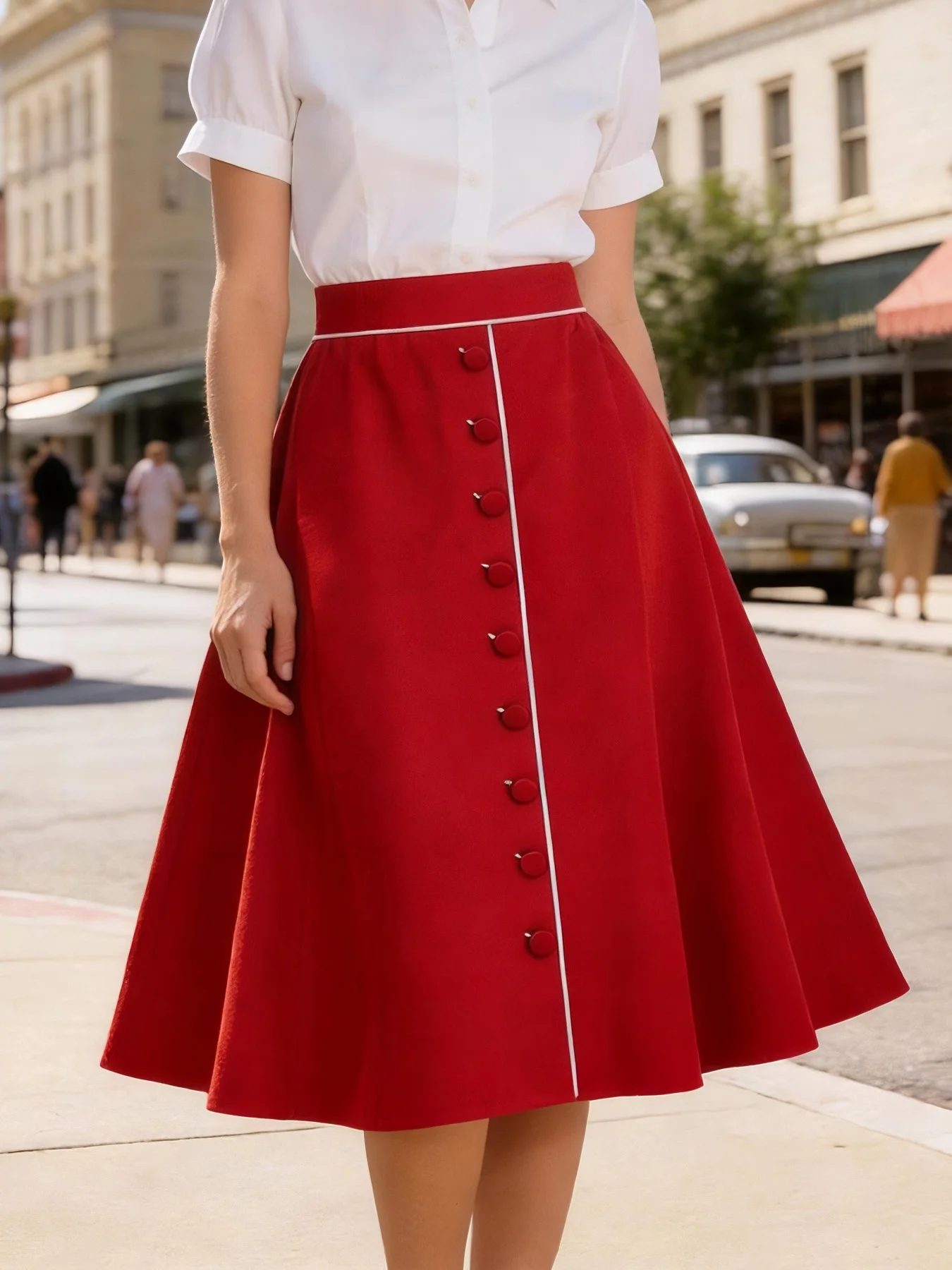 Tonval Contrast Binding High Waist Single Breasted A-Line Midi Skirt for Women Elegant Elastic Back Plain Vintage Skirt