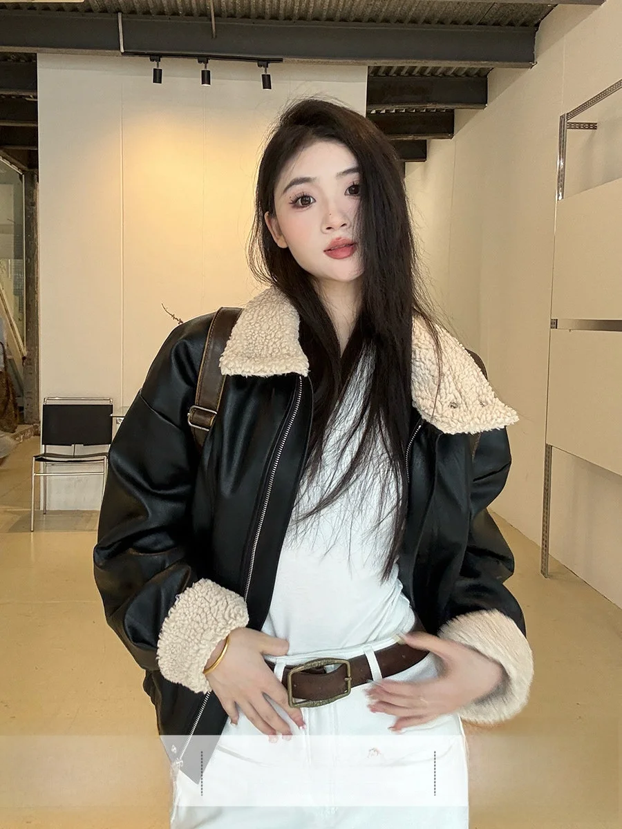 

Женская утепленная куртка из овечьей шерсти в стиле Street Style, оранжевая, на молнии, с длинными рукавами, свободного кроя, кожаная мотоциклетная куртка