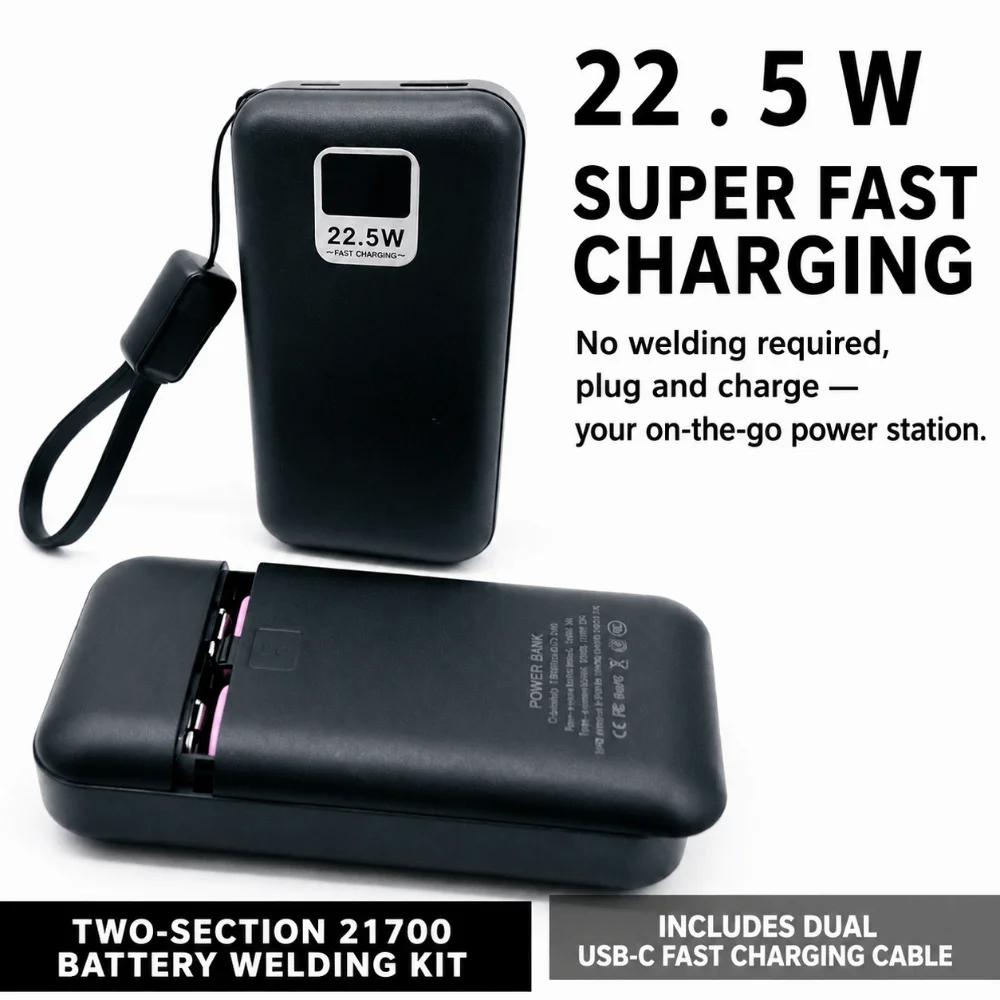 For 2pcs 21700 Batteries Power Bank Case Detachable Empty DIY Power Bank Kit Portable Charger Case (Batteries Not Included)