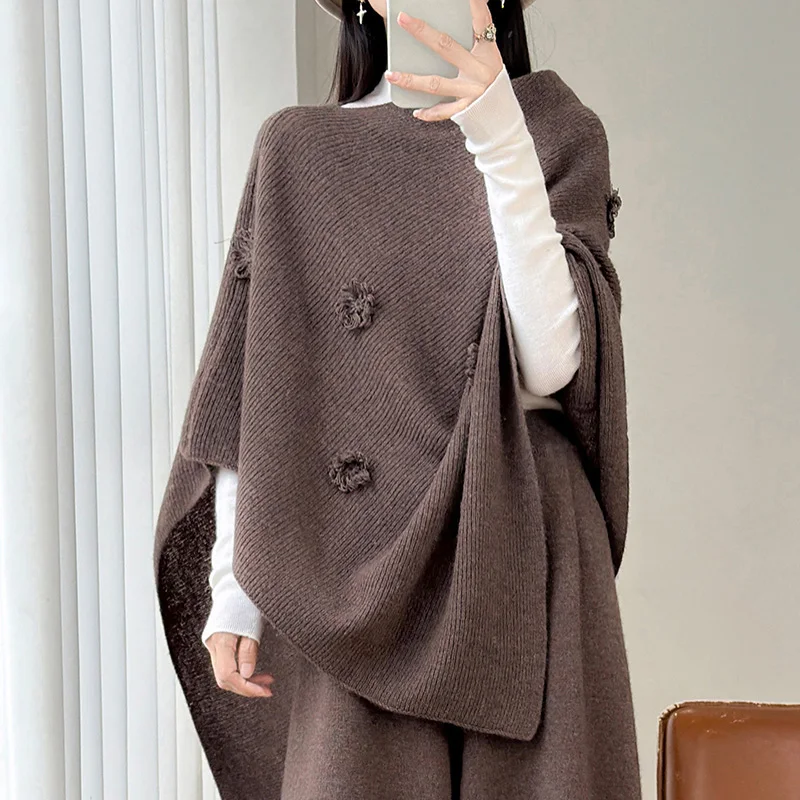 Hot selling 100% Australian wool women's shawl solid color knitted casual loose autumn and winter coat women's pullover shawl