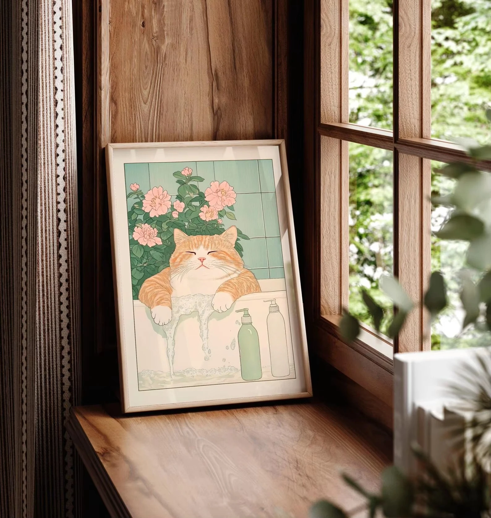 DIY Oil Painting Paint by Numbers Kit , Cute Orange Cat Bathing with Flowers, Modern Kawaii Wall Art , Frameless Home Decor Gift