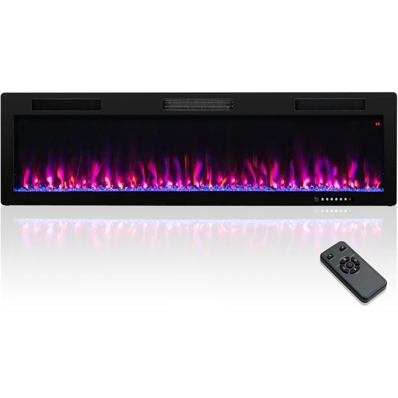 

Электрический камин COSTWAY, 60 дюймов, 750/1500 Вт, встраиваемый и настенный линейный камин с хрустальными камнями, таймер на 8 часов