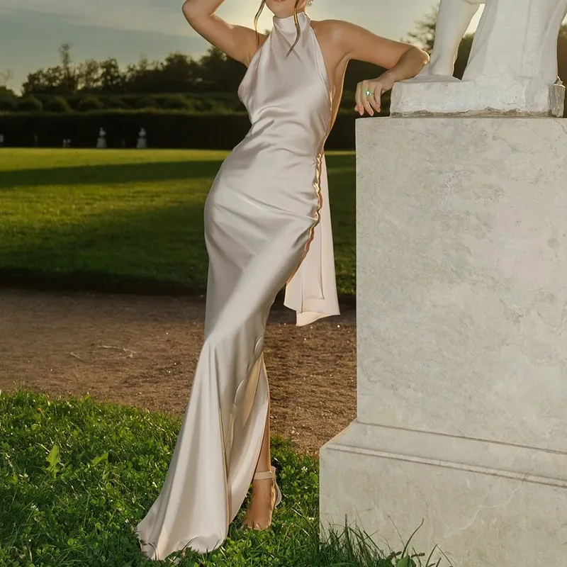 

Summer 2025 Cross-Border New Faion Sexy Satin Bal Pure Color Ele Dr High Waist Long Skirt Zipper Closure