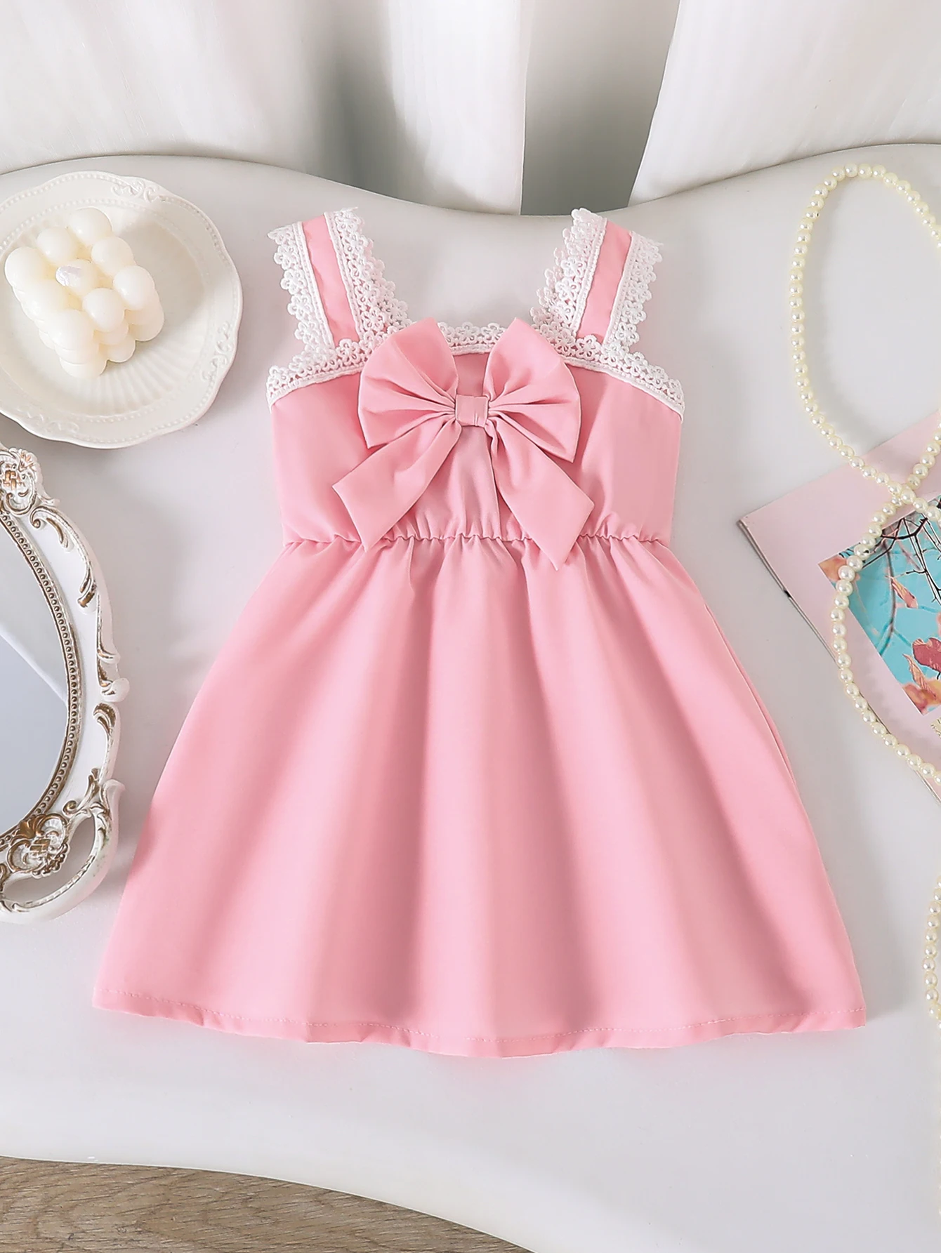 1-Piece Set of Summer Thin Dresses for Baby Girls, with 3D Bow Lace Decoration, Elastic Waist, Cute and Fashionable Sweet Versatile Dress for Girls, Newborn Birthday Gift, Comfortable and Soft, Suitable for 0-1-2-3 Years Old, 6-9 Months, Suitable for Outdoor Activities, Casual Wear, Parties, Holiday Gifts, Eid Al-Fitr, Easter, Carnival
