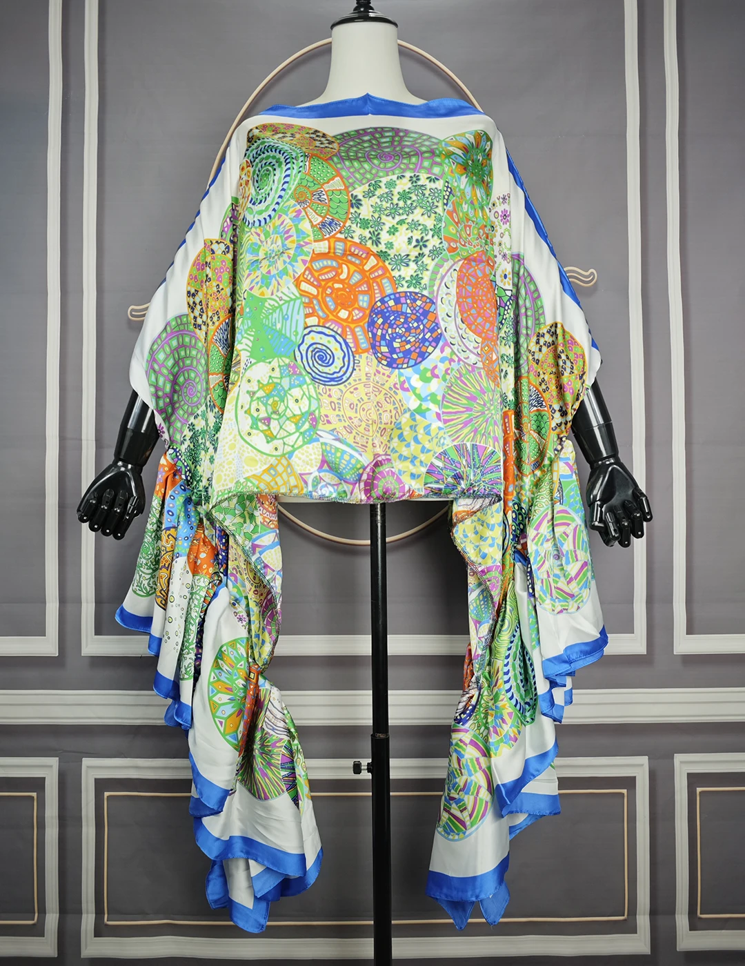 Kuwait Fashion Boho Printedone-Schouder Pofmouwen Zijden Bedrukte Kaftan Blouse Oversized Kuwait Blogger Populaire Losse Topjurk