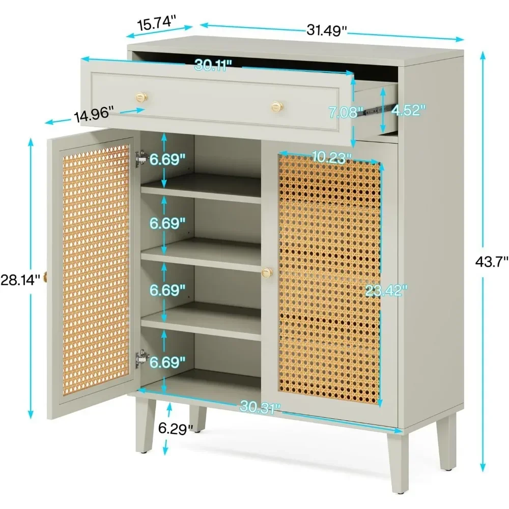 Shoe Cabinet with Doors and Drawer,Modern Shoe Storage Cabinet for Entryway,Mint Green Rattan ShoesCabinet with Adjustable Shelf