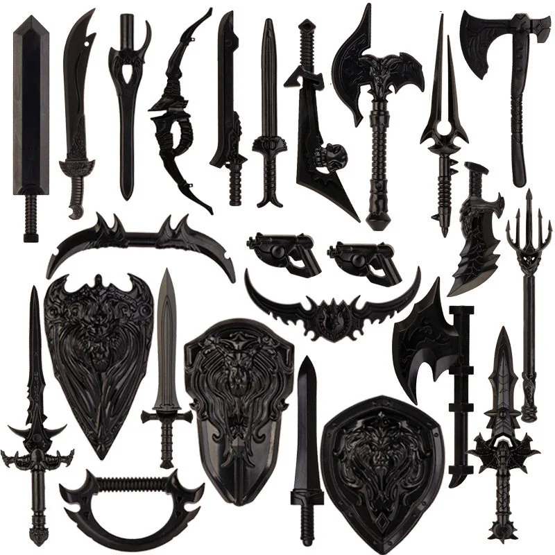 Medieval MOC Waffen Figure Accessories Building Blocks Soldiers Sword Shield Bow Arrow Trident Hammer Axe Spear Brick Kid Toy view 5