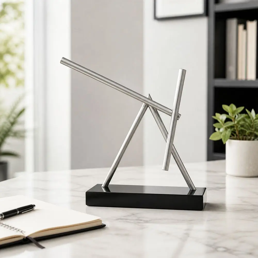 Metal Chaos Pendulum Geometric Imported Bearing Balance Sculpture Silver Finish Rotating Structure Desktop Ornament Office Decor