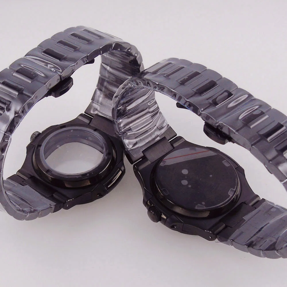 Caixa de relógio quadrada preta, peças de vidro safira, 40mm, PVD, Nautilus, Japan, NH35A, NH34, NH70, 4r35