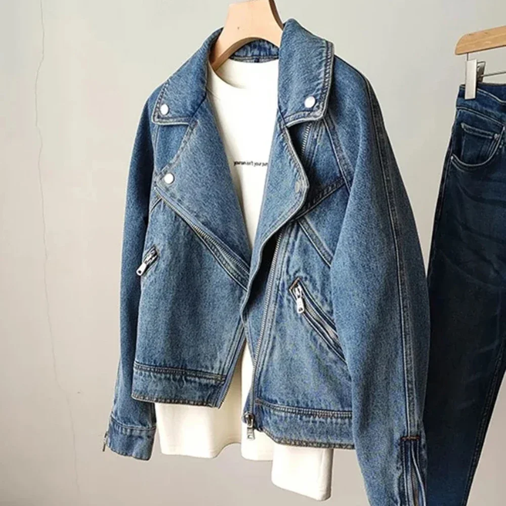 Aoaiiys giacche di jeans per donna moto colletto rovesciato irregolare cerniere capispalla solido autunno inverno cappotti di moda caldi