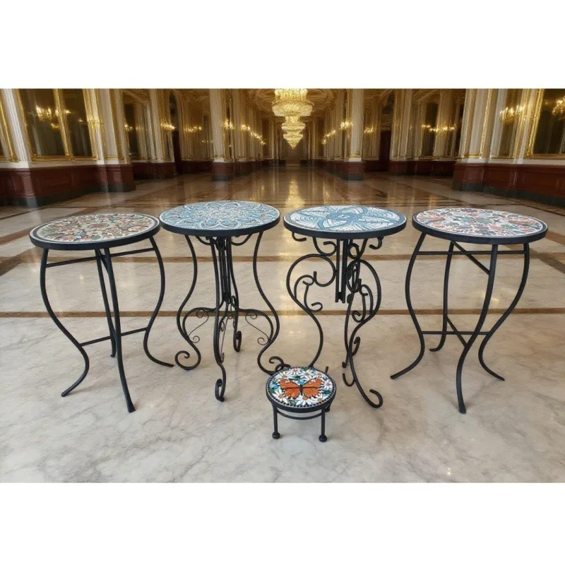 Villa courtyard European wrought iron mosaic flower stand, tile countertop balcony bonsai stand side table