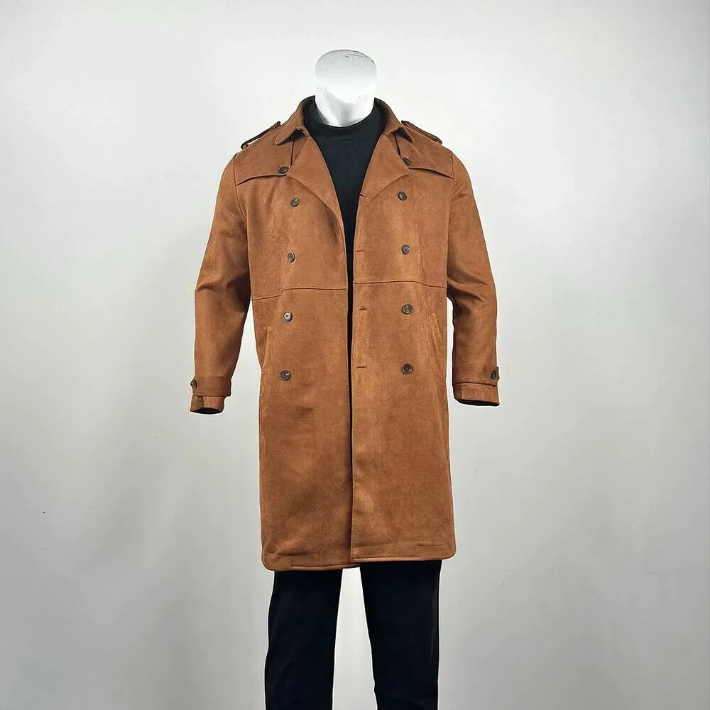 Nowa Jesienno-Zimowa Amerykańska Kurtka Retro z Zamszu Męska Średniej Długości Modna Kurtka w Stylu Streetwear z Klapami, Dwurzędowa