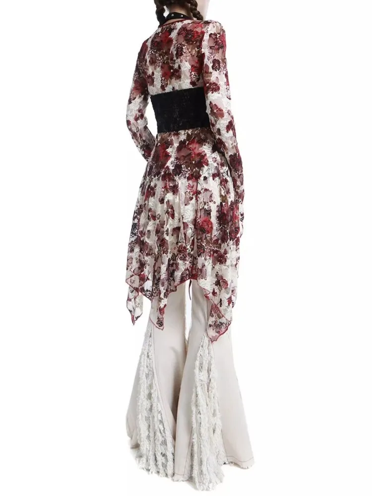 Vintage Gothic Flower Tie Dye Lace Shirts Women Y2k Sexy V-neck Slim Fit Up Blouses 2024 New Long Sleeve Cardigan Tops